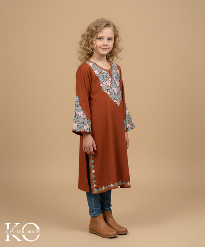 Rust Chinar Aari Embroidered Woolen Kids Pheran | Girls Pheran | Kids Wear
