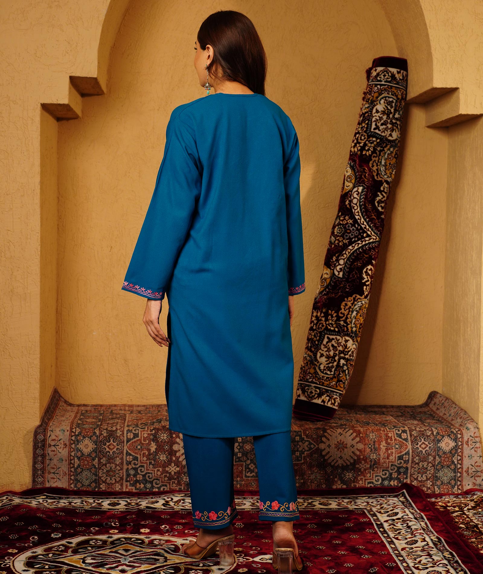 Teal Blue Aari Embroidered Woolen Co-ord Set