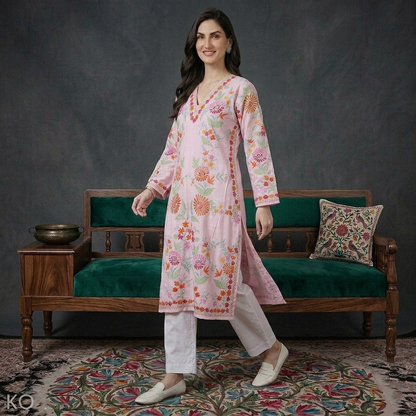 Pink Base Aari Embroidered Kurti