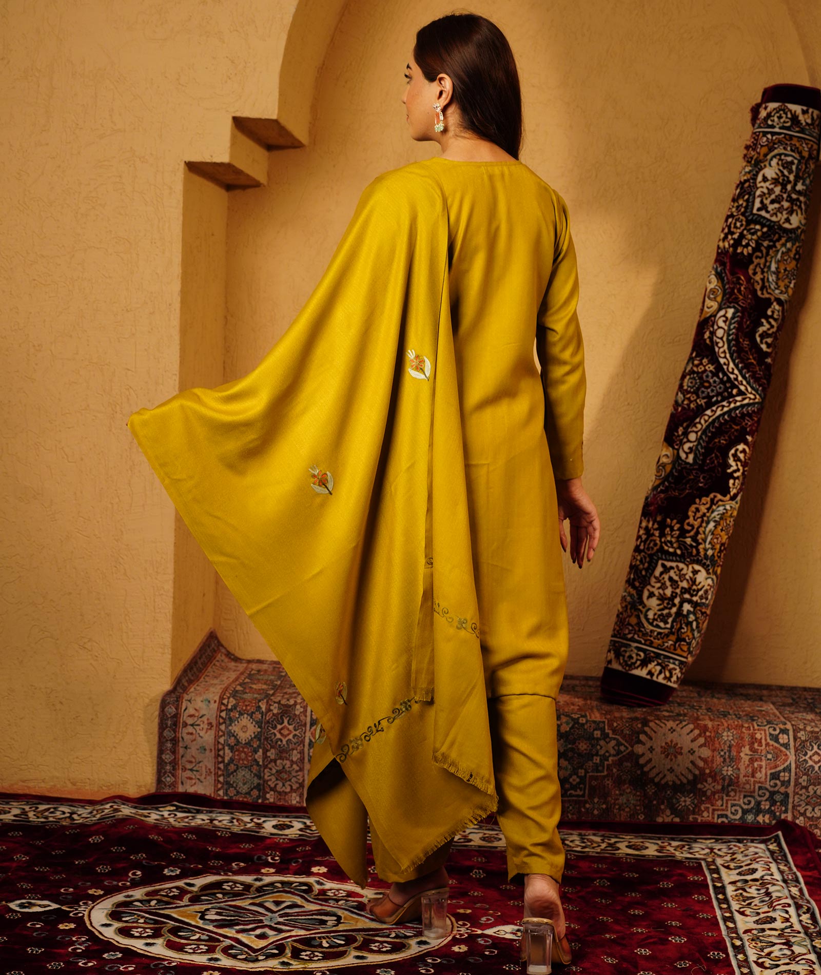 Chartreuse Green Aari Embroidered Woolen Suit With Shawl