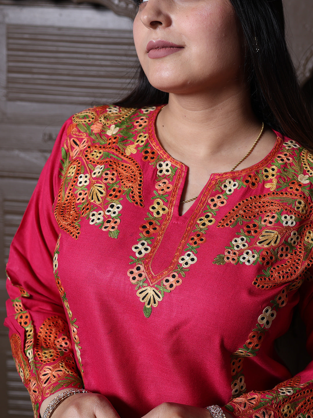 Hot Pink Aari Embroidered Kashmiri Cotton Co-Ord Set