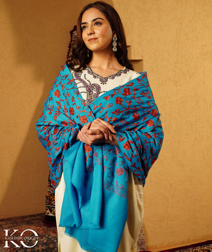 Turquoise Aari Embroidered Woolen Shawl