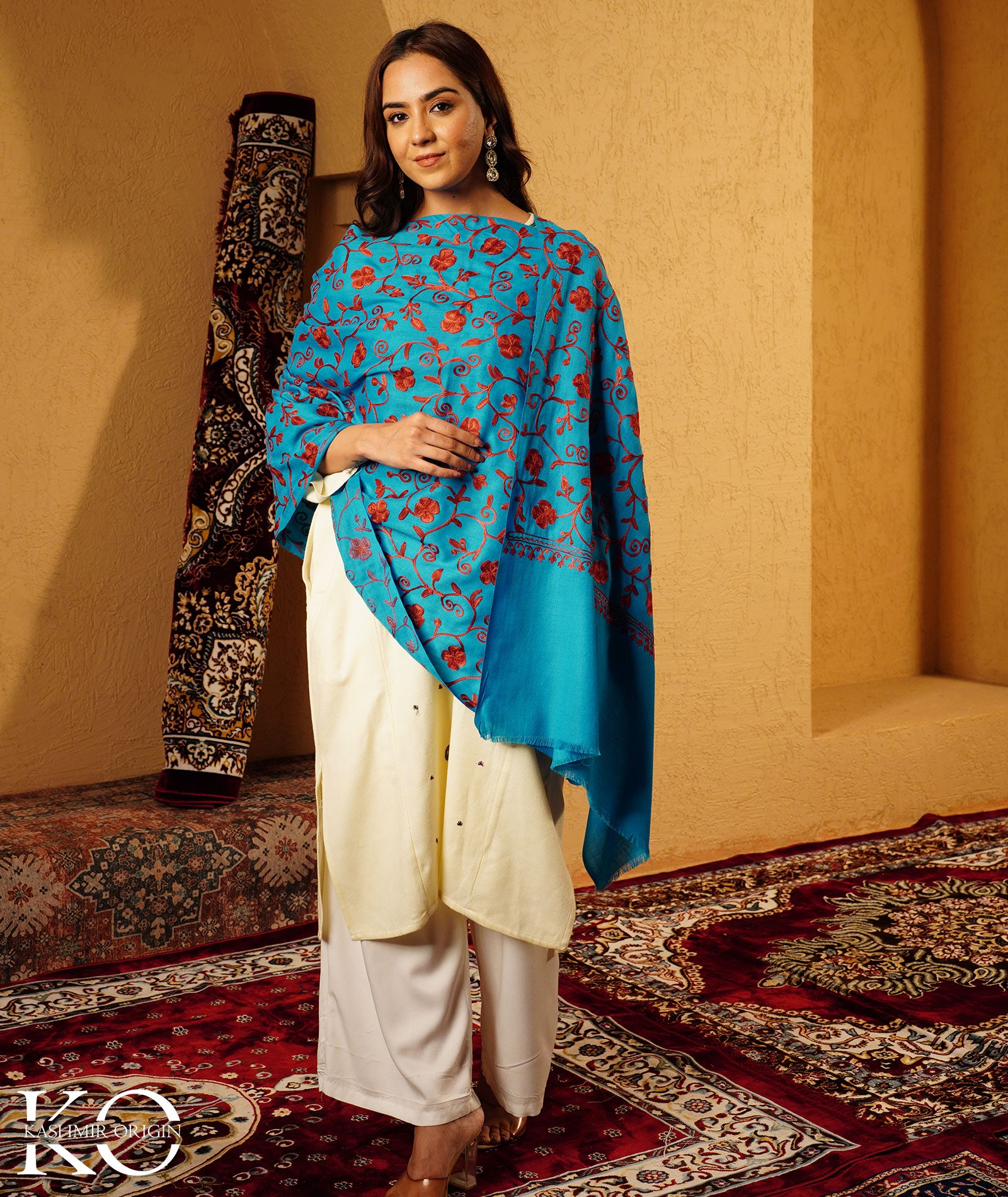 Turquoise Aari Embroidered Woolen Shawl