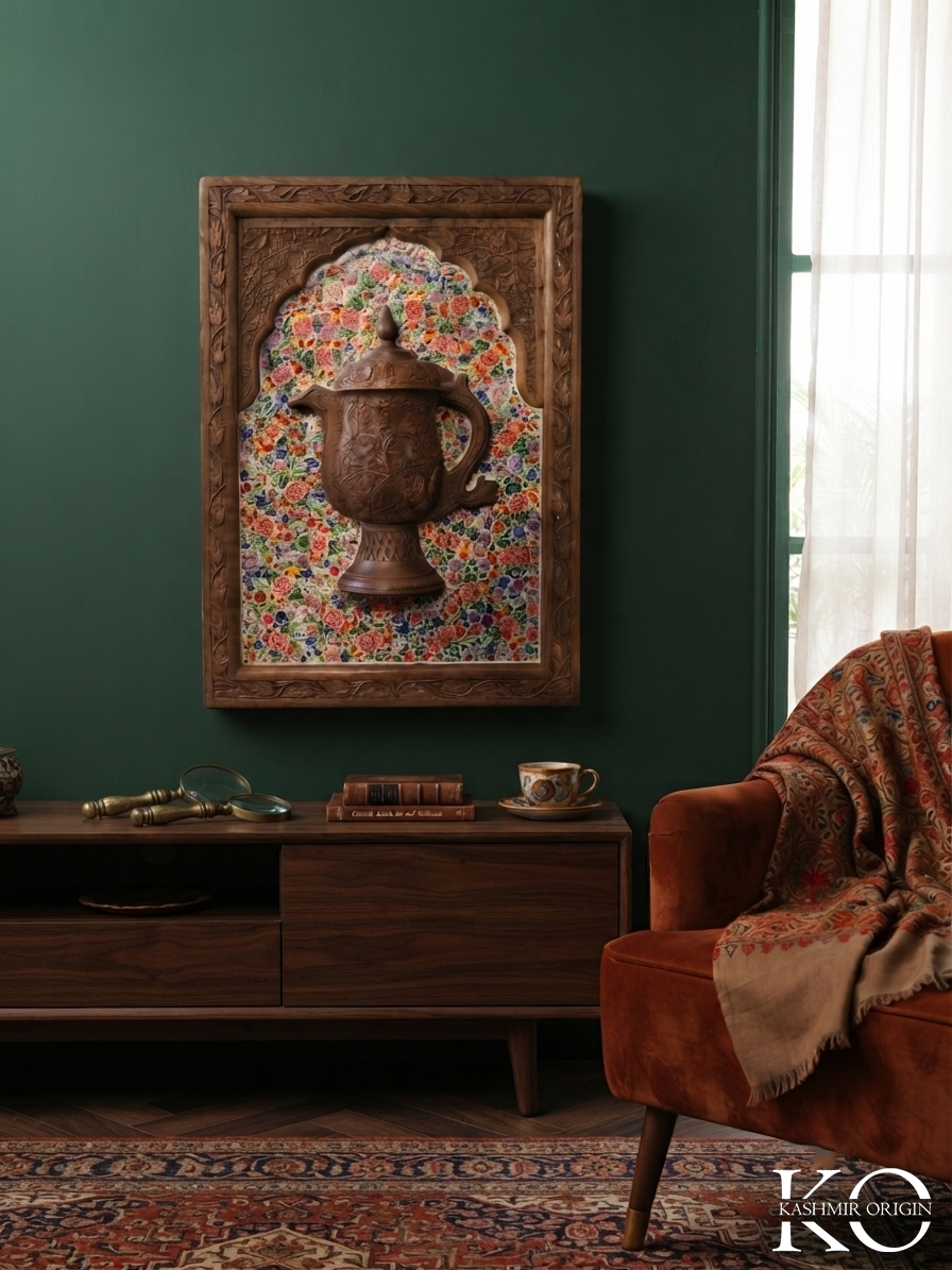 Embossed Kashmiri Samavar Design Hand Carved Walnut Wood Panel | Fussion of Paper Machie Art & Walnut Wood