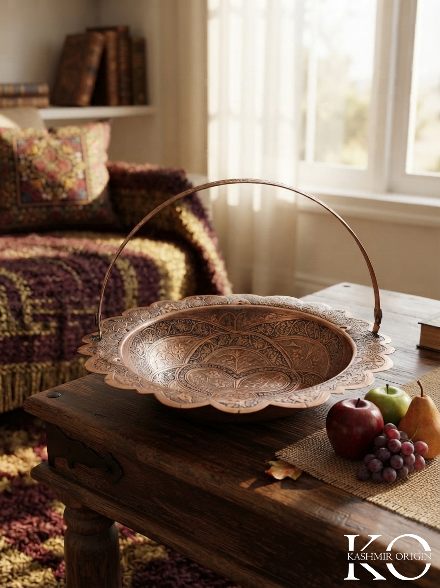 Kashmiri Copper Fruit Basket with Handle | Hand Engraved | Made in Kashmir