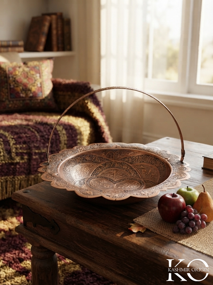 Kashmiri Copper Fruit Basket with Handle | Hand Engraved | Made in Kashmir