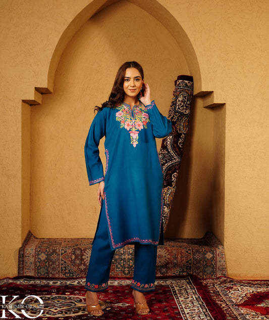 Teal Blue Aari Embroidered Woolen Co-ord Set