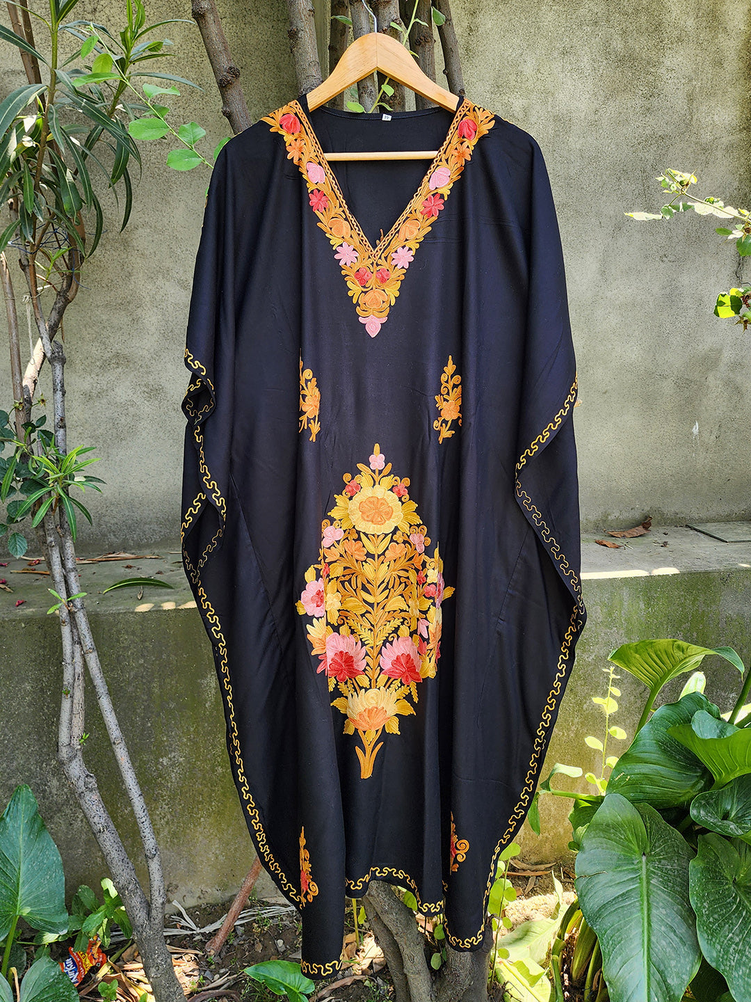 Black Gold Aari Embroidered kashmiri Rayon Cotton Kaftan