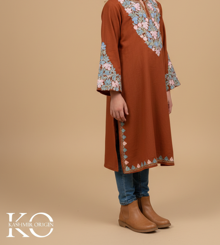 Rust Chinar Aari Embroidered Woolen Kids Pheran | Girls Pheran | Kids Wear