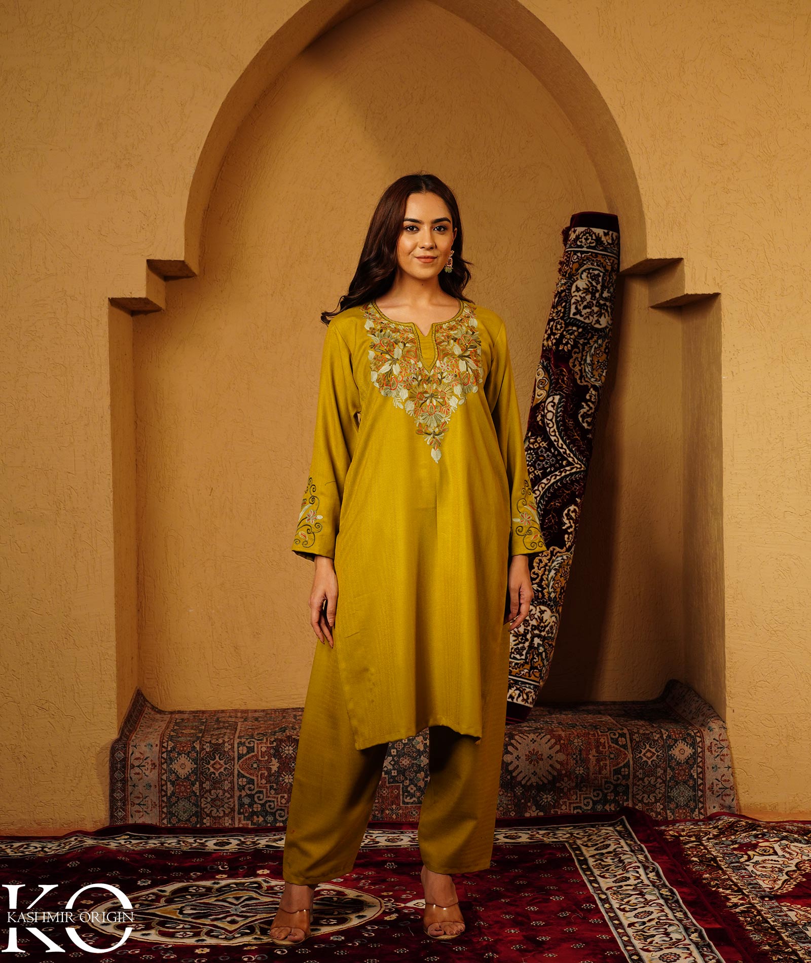 Chartreuse Green Aari Embroidered Woolen Suit With Shawl
