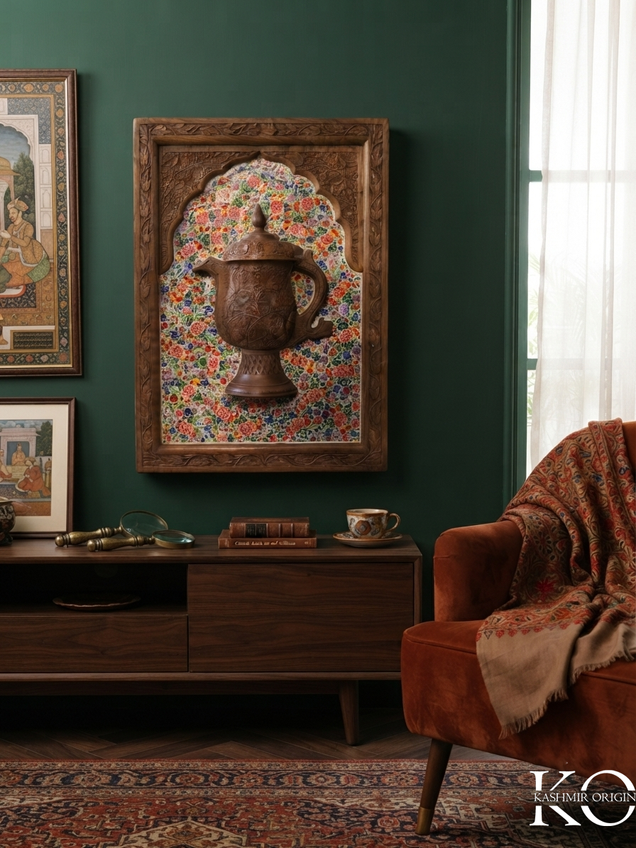 Embossed Kashmiri Samavar Design Hand Carved Walnut Wood Panel | Fussion of Paper Machie Art & Walnut Wood