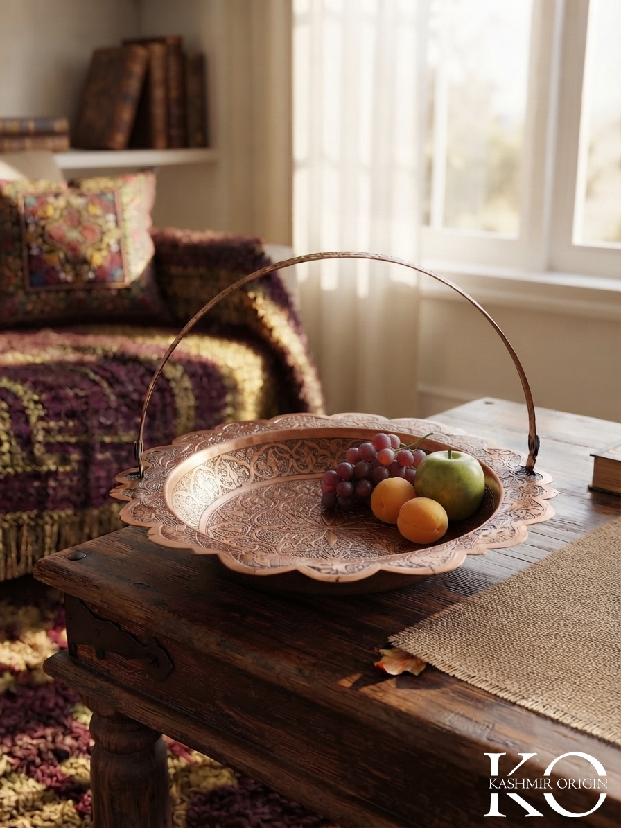 Kashmiri Copper Fruit Basket with Handle | Hand Engraved | Made in Kashmir