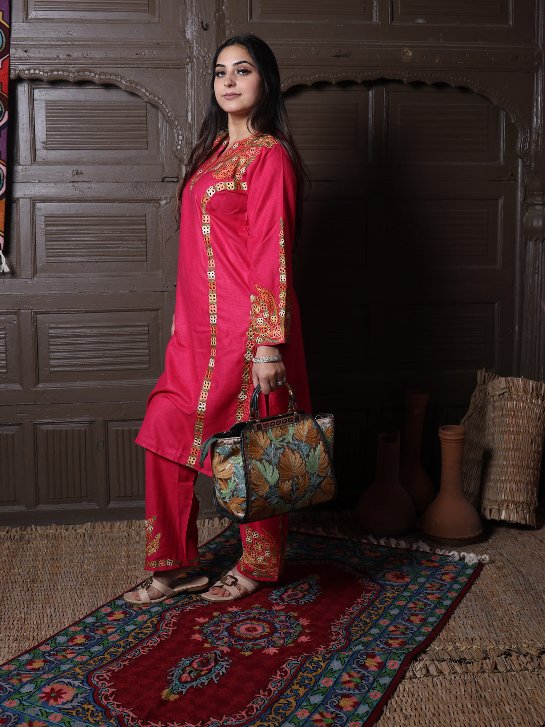 Hot Pink Aari Embroidered Kashmiri Cotton Co-Ord Set