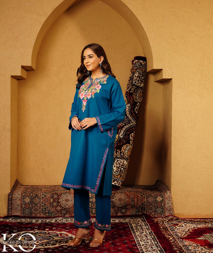 Teal Blue Aari Embroidered Woolen Co-ord Set