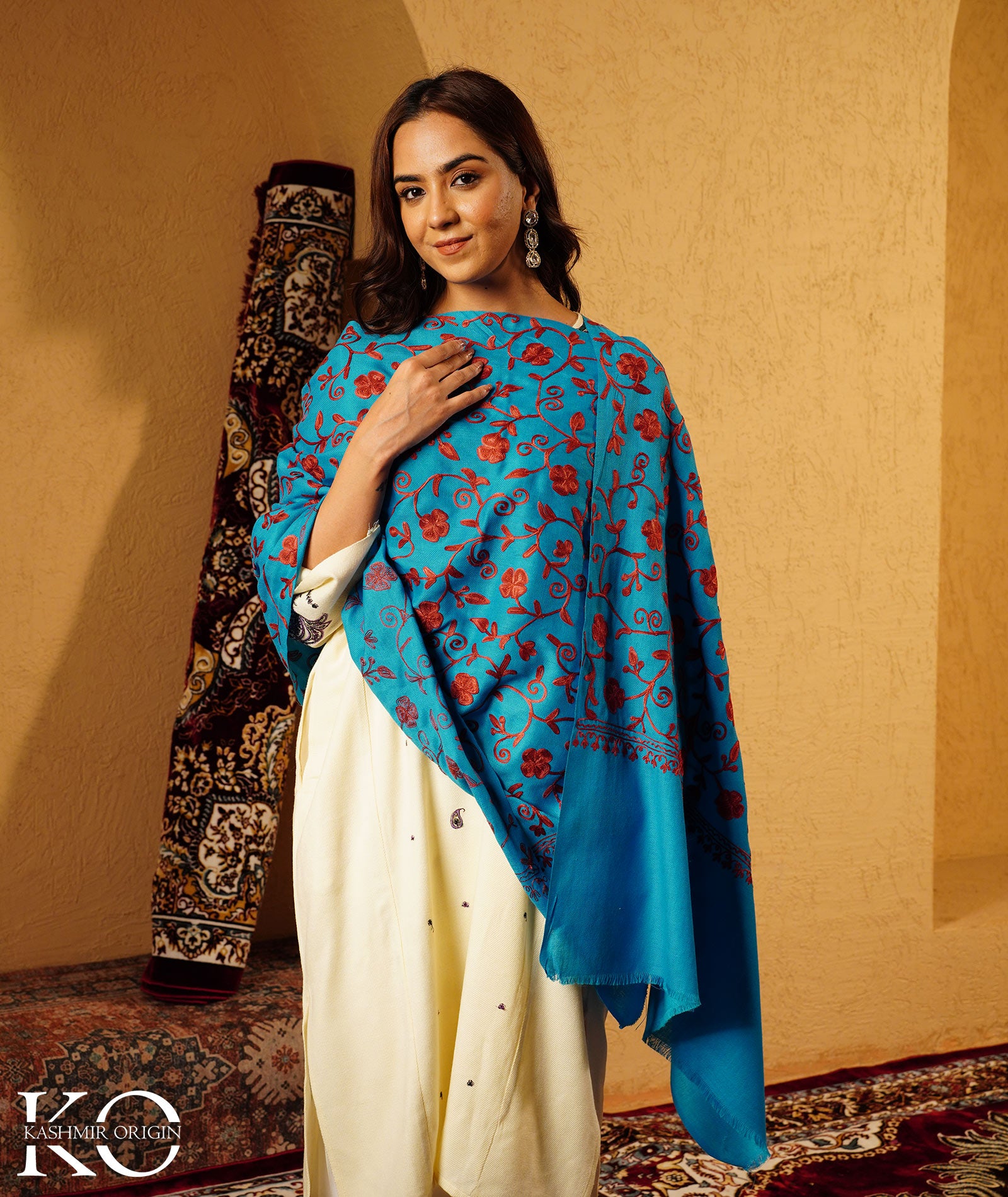 Turquoise Aari Embroidered Woolen Shawl