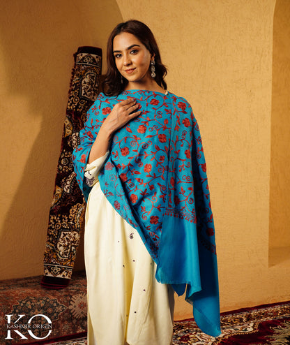 Turquoise Aari Embroidered Woolen Shawl