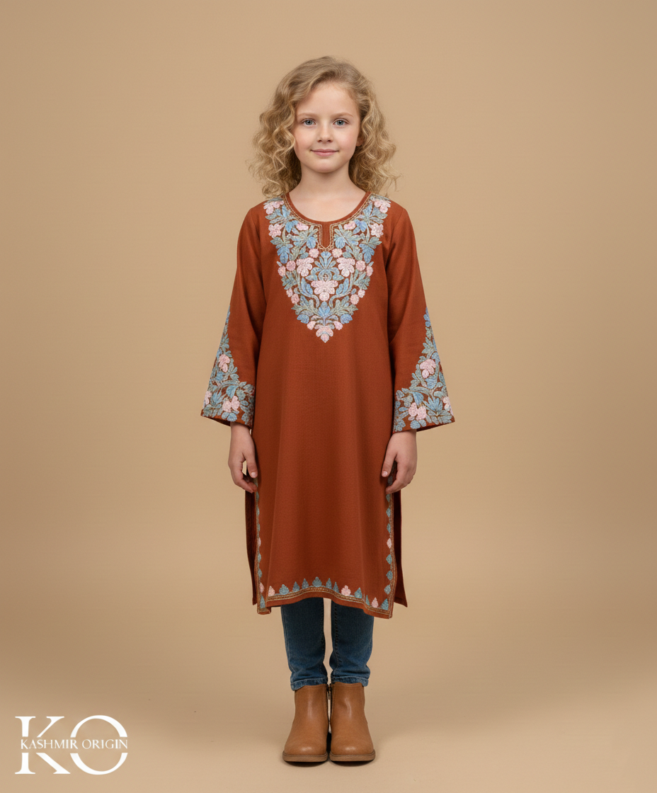Rust Chinar Aari Embroidered Woolen Kids Pheran | Girls Pheran | Kids Wear