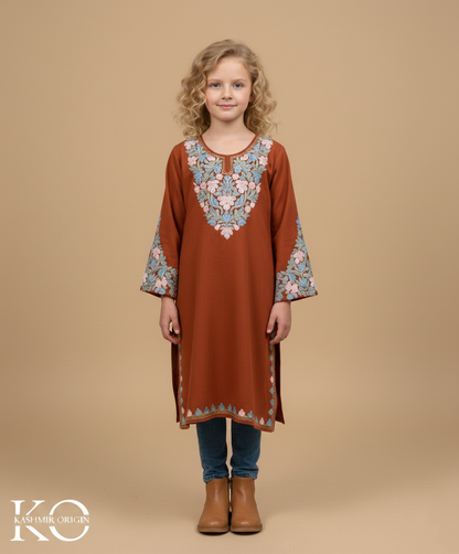 Rust Chinar Aari Embroidered Woolen Kids Pheran | Girls Pheran | Kids Wear
