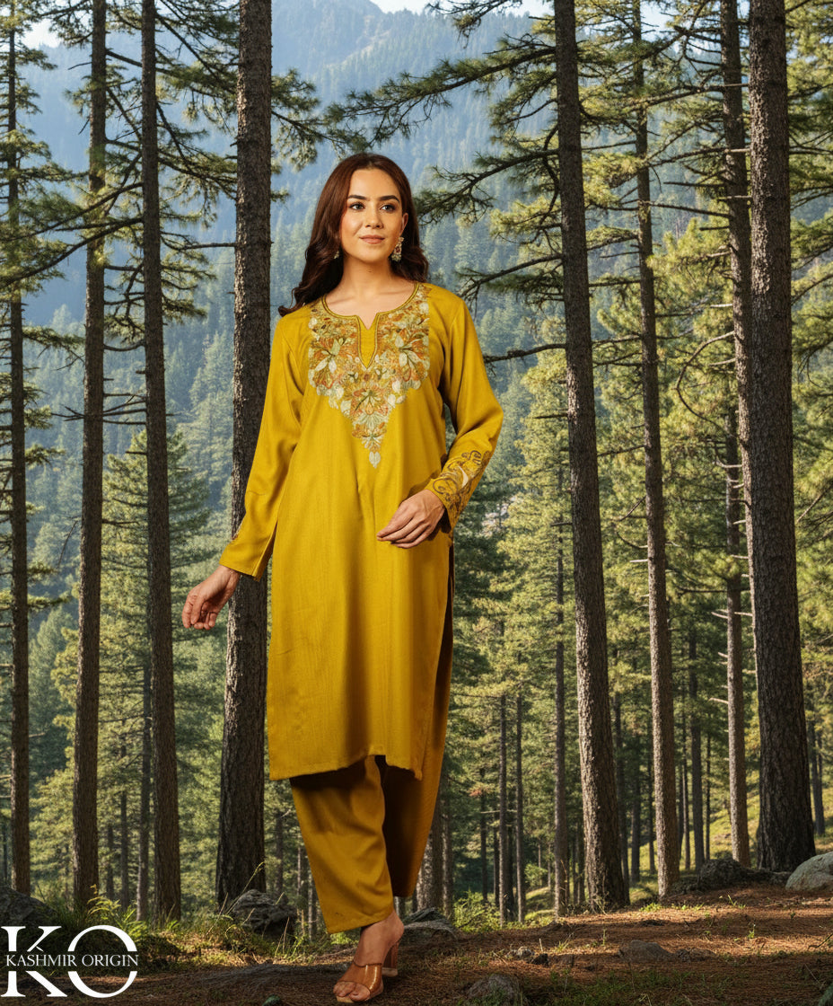 Chartreuse Green Aari Embroidered Woolen Suit With Shawl