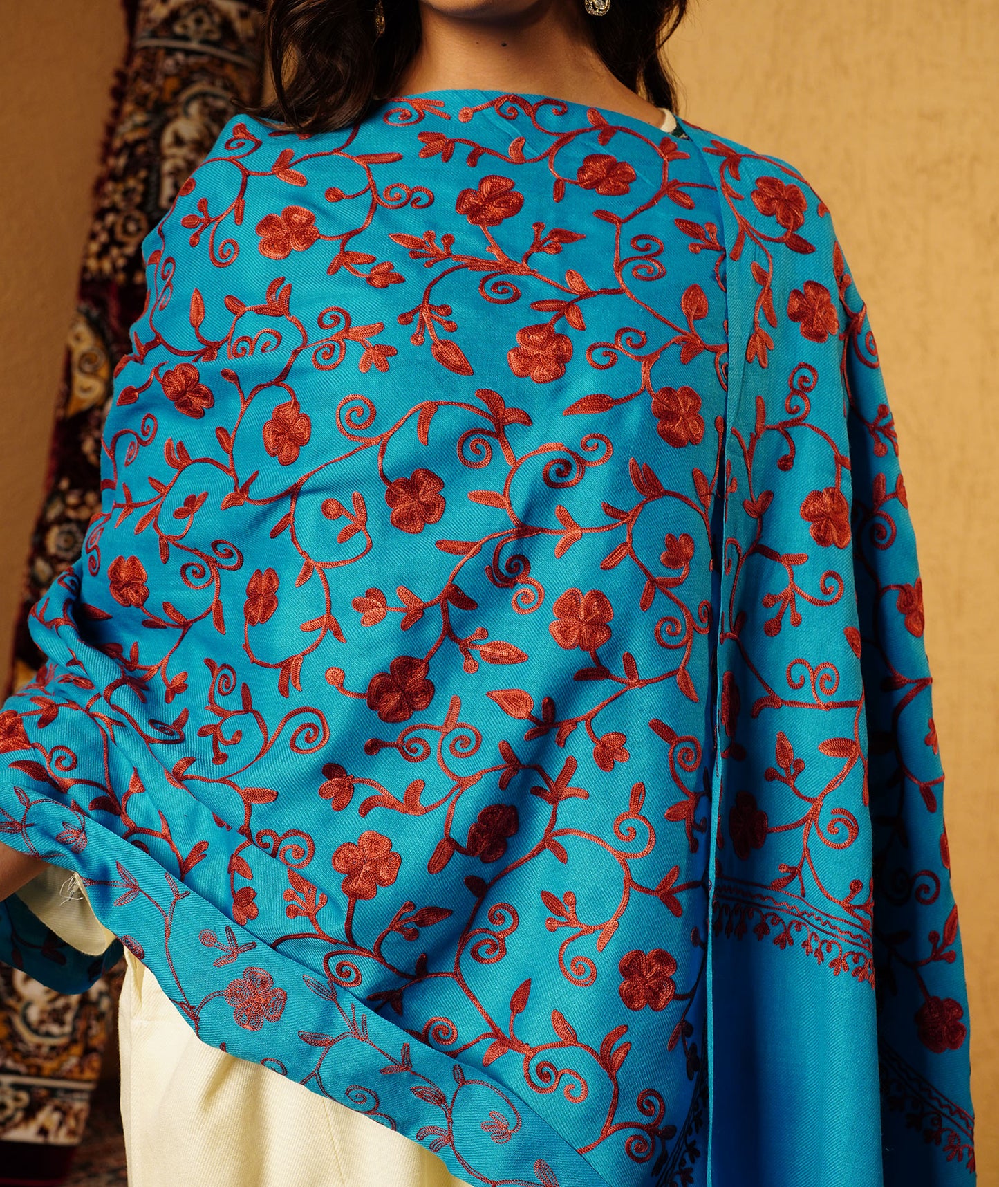 Turquoise Aari Embroidered Woolen Shawl