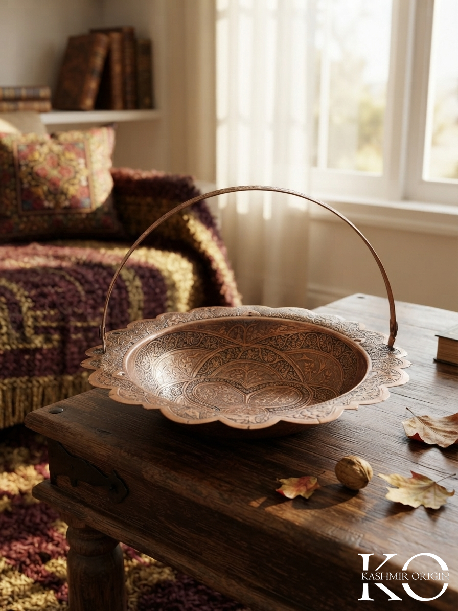 Kashmiri Copper Fruit Basket with Handle | Hand Engraved | Made in Kashmir