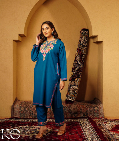 Teal Blue Aari Embroidered Woolen Co-ord Set