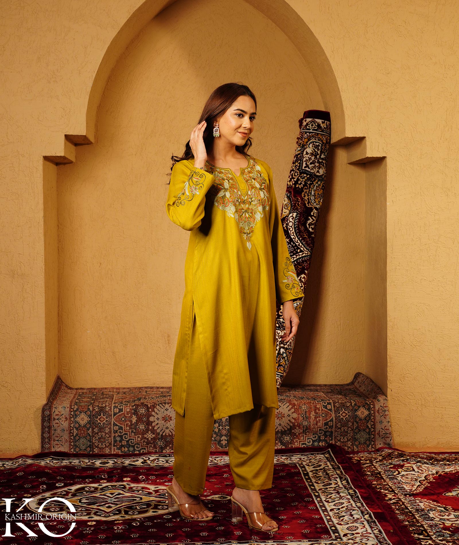 Chartreuse Green Aari Embroidered Woolen Suit With Shawl