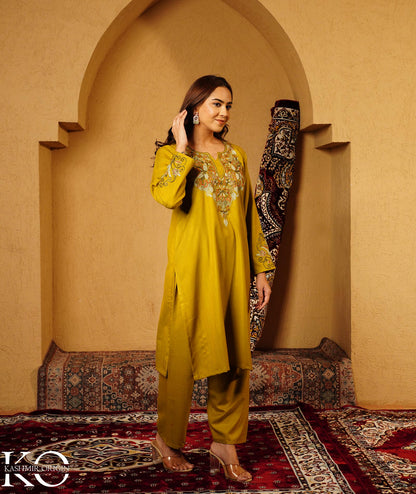 Chartreuse Green Aari Embroidered Woolen Suit With Shawl