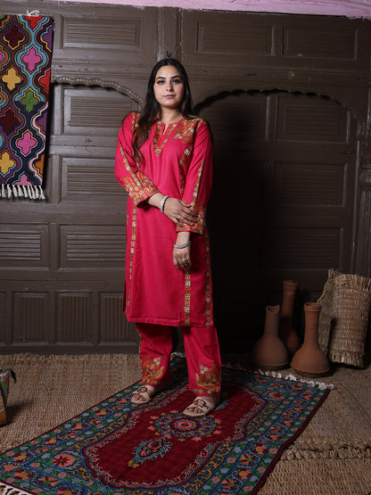 Hot Pink Aari Embroidered Kashmiri Cotton Co-Ord Set
