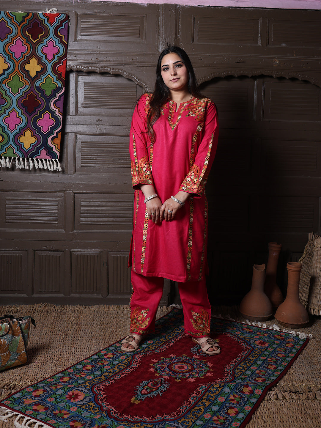 Hot Pink Aari Embroidered Kashmiri Cotton Co-Ord Set