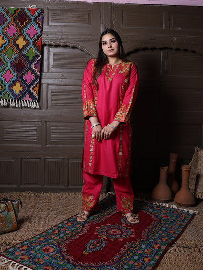 Hot Pink Aari Embroidered Kashmiri Cotton Co-Ord Set