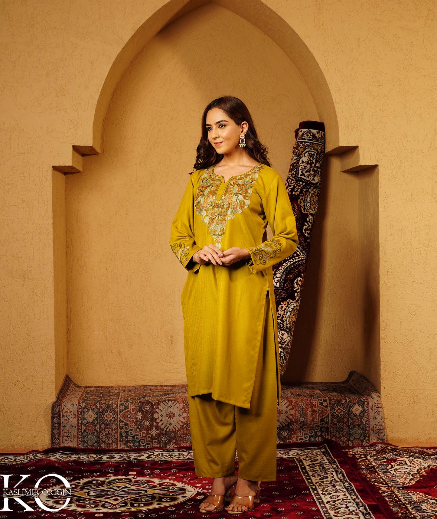 Chartreuse Green Aari Embroidered Woolen Suit With Shawl