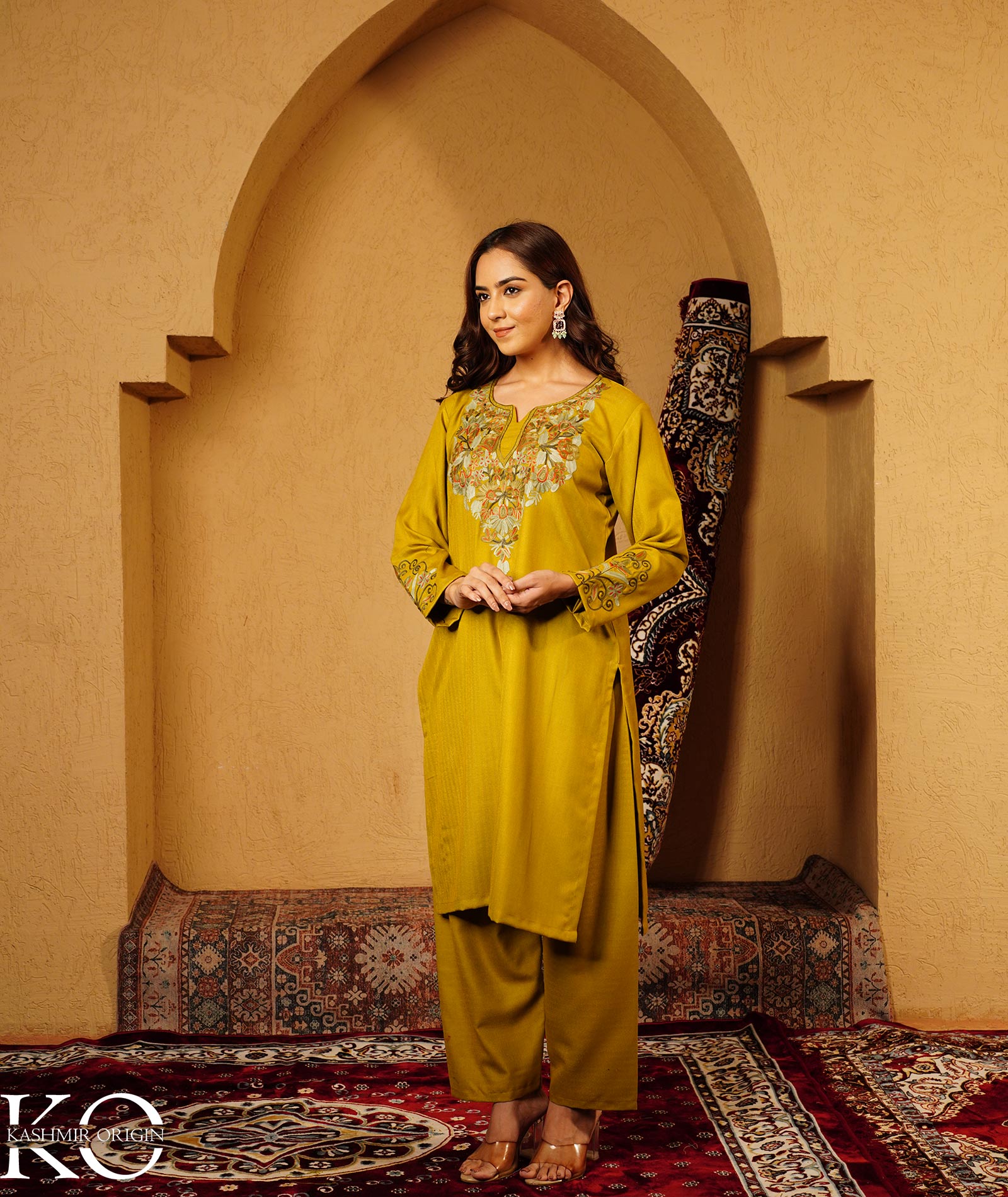 Chartreuse Green Aari Embroidered Woolen Suit With Shawl