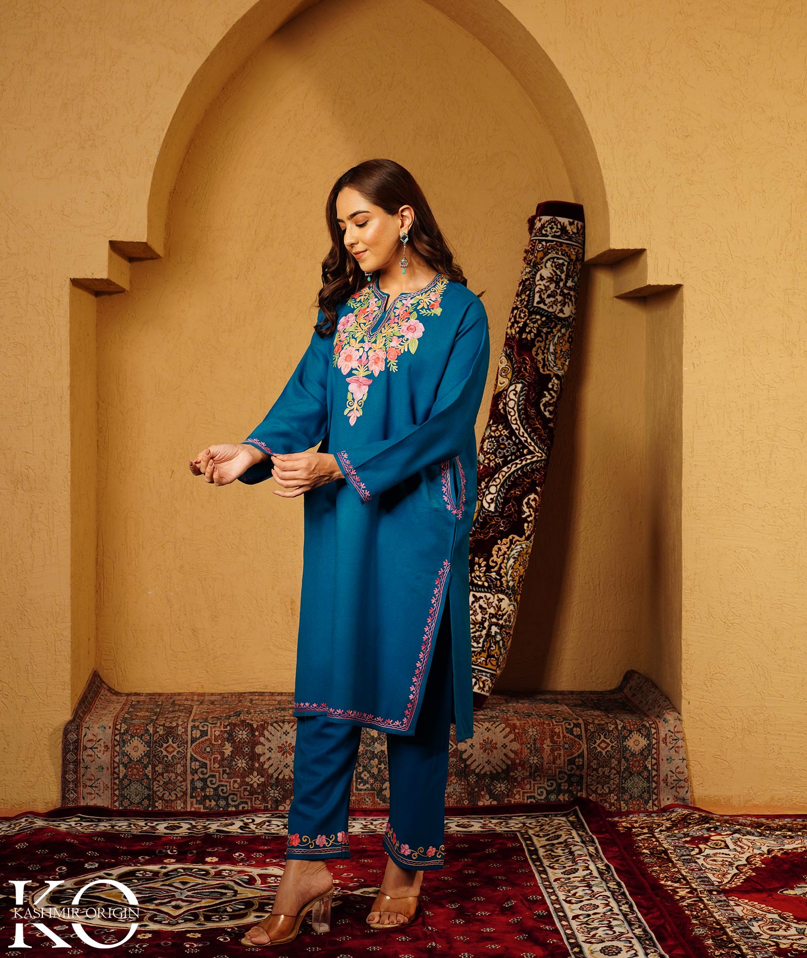 Teal Blue Aari Embroidered Woolen Co-ord Set