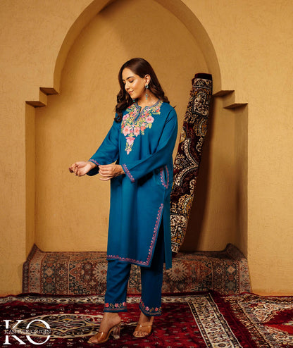 Teal Blue Aari Embroidered Woolen Co-ord Set