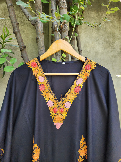 Black Gold Aari Embroidered kashmiri Rayon Cotton Kaftan