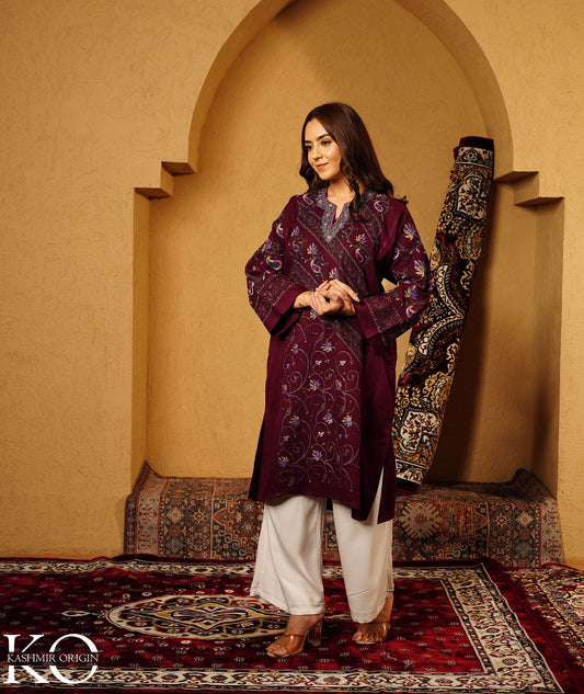 Wine Sozni Embroidered Jamawar Design Woollen Pheran