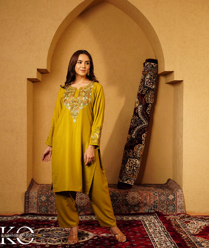 Chartreuse Green Aari Embroidered Woolen Suit With Shawl