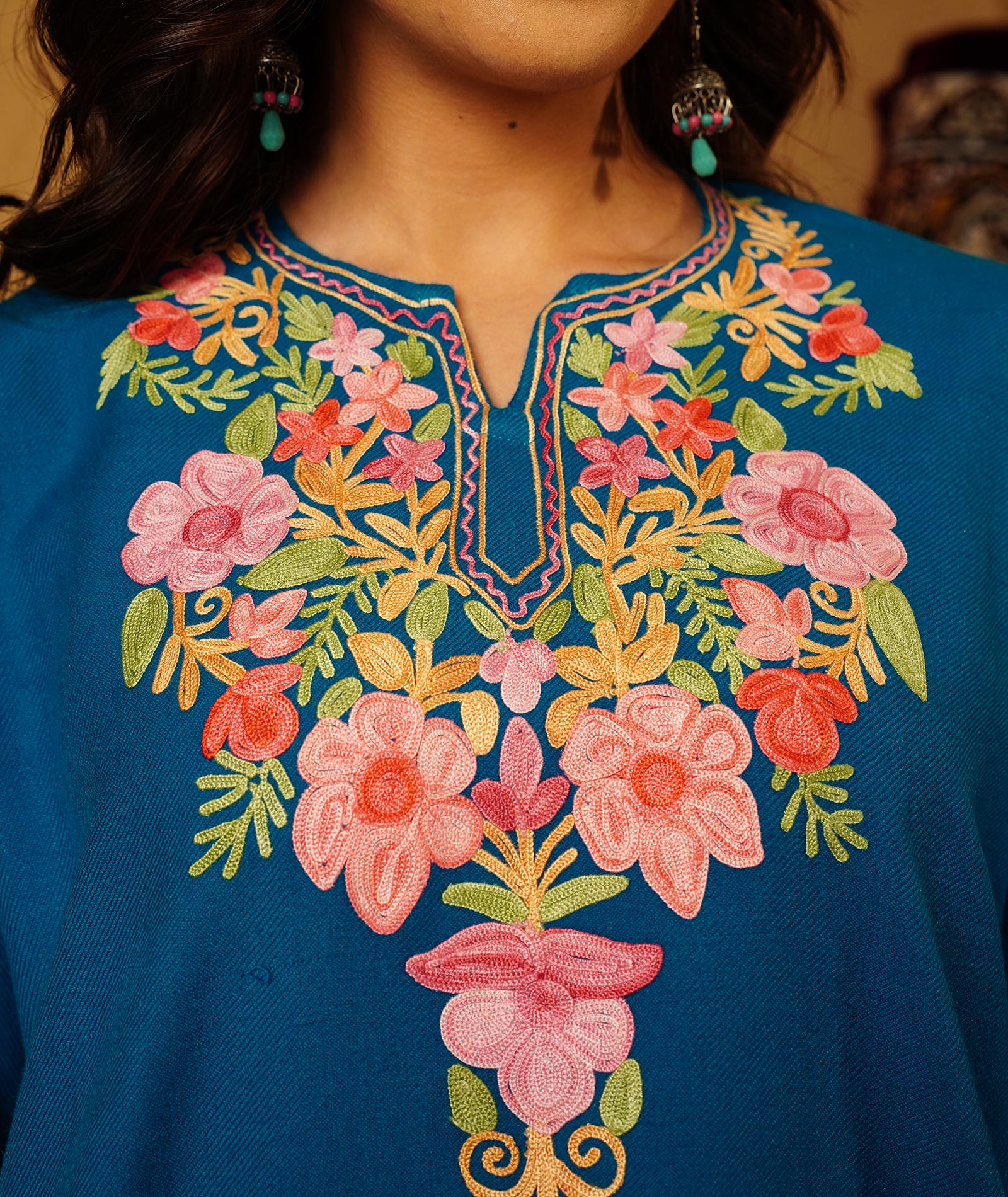 Teal Blue Aari Embroidered Woolen Co-ord Set