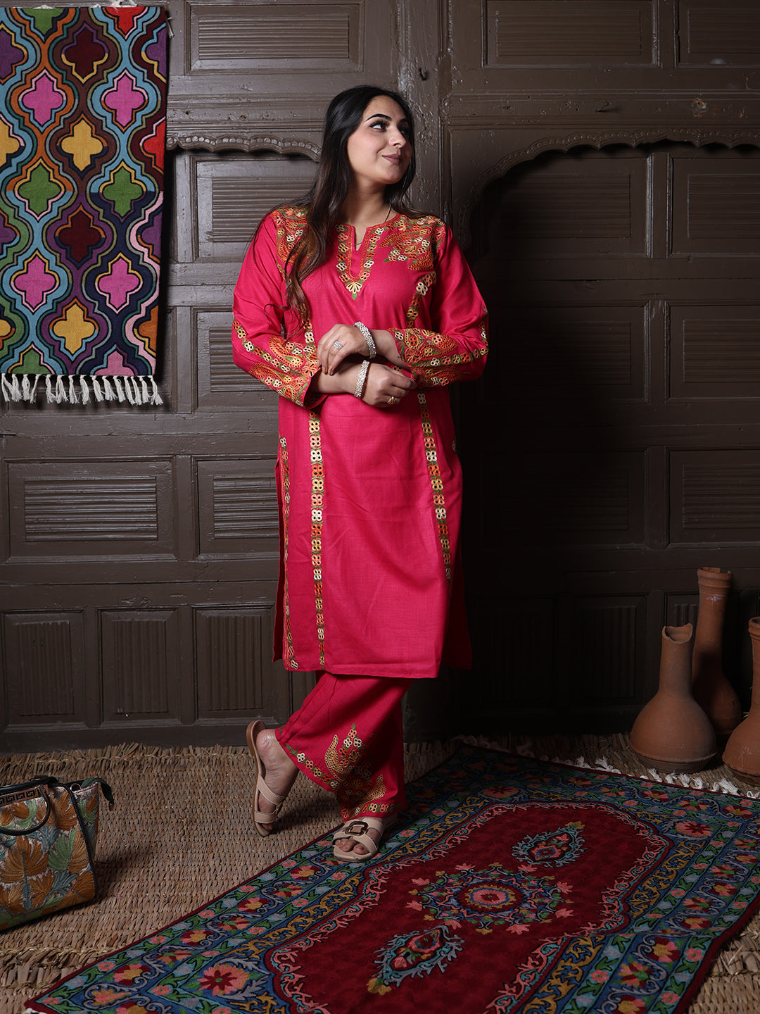 Hot Pink Aari Embroidered Kashmiri Cotton Co-Ord Set