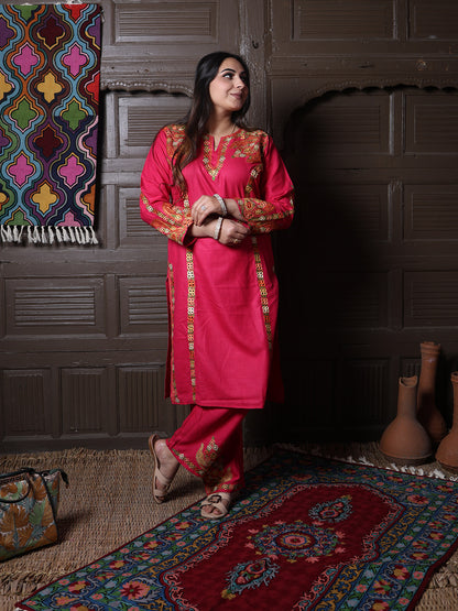 Hot Pink Aari Embroidered Kashmiri Cotton Co-Ord Set