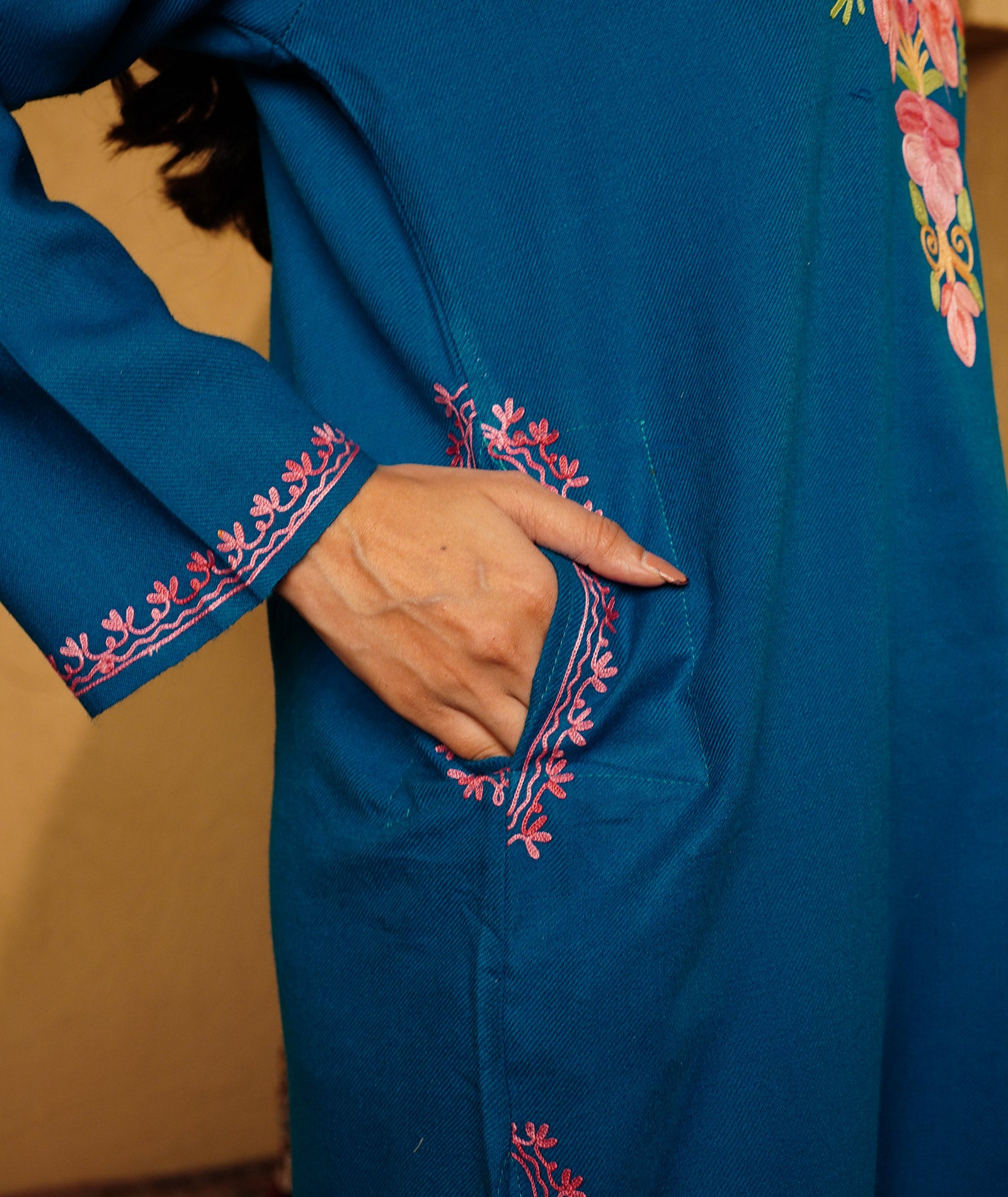 Teal Blue Aari Embroidered Woolen Co-ord Set