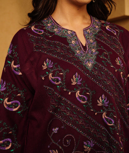 Wine Sozni Embroidered Jamawar Design Woollen Pheran