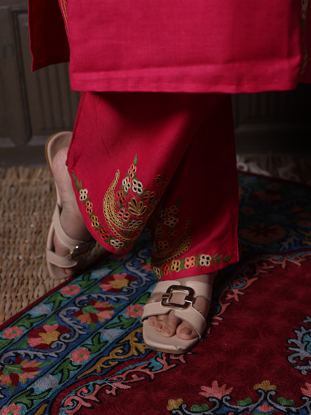 Hot Pink Aari Embroidered Kashmiri Cotton Co-Ord Set