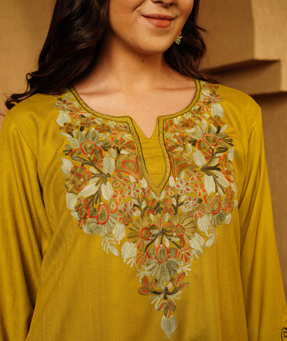 Chartreuse Green Aari Embroidered Woolen Suit With Shawl