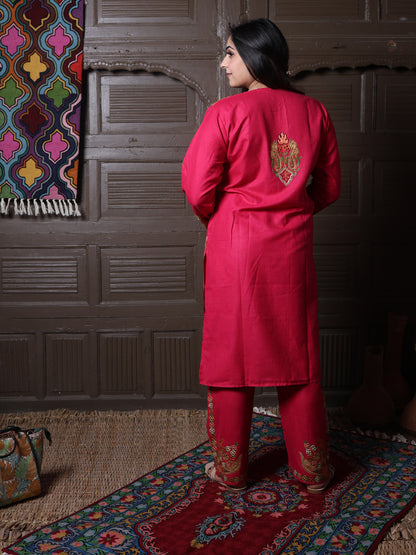 Hot Pink Aari Embroidered Kashmiri Cotton Co-Ord Set