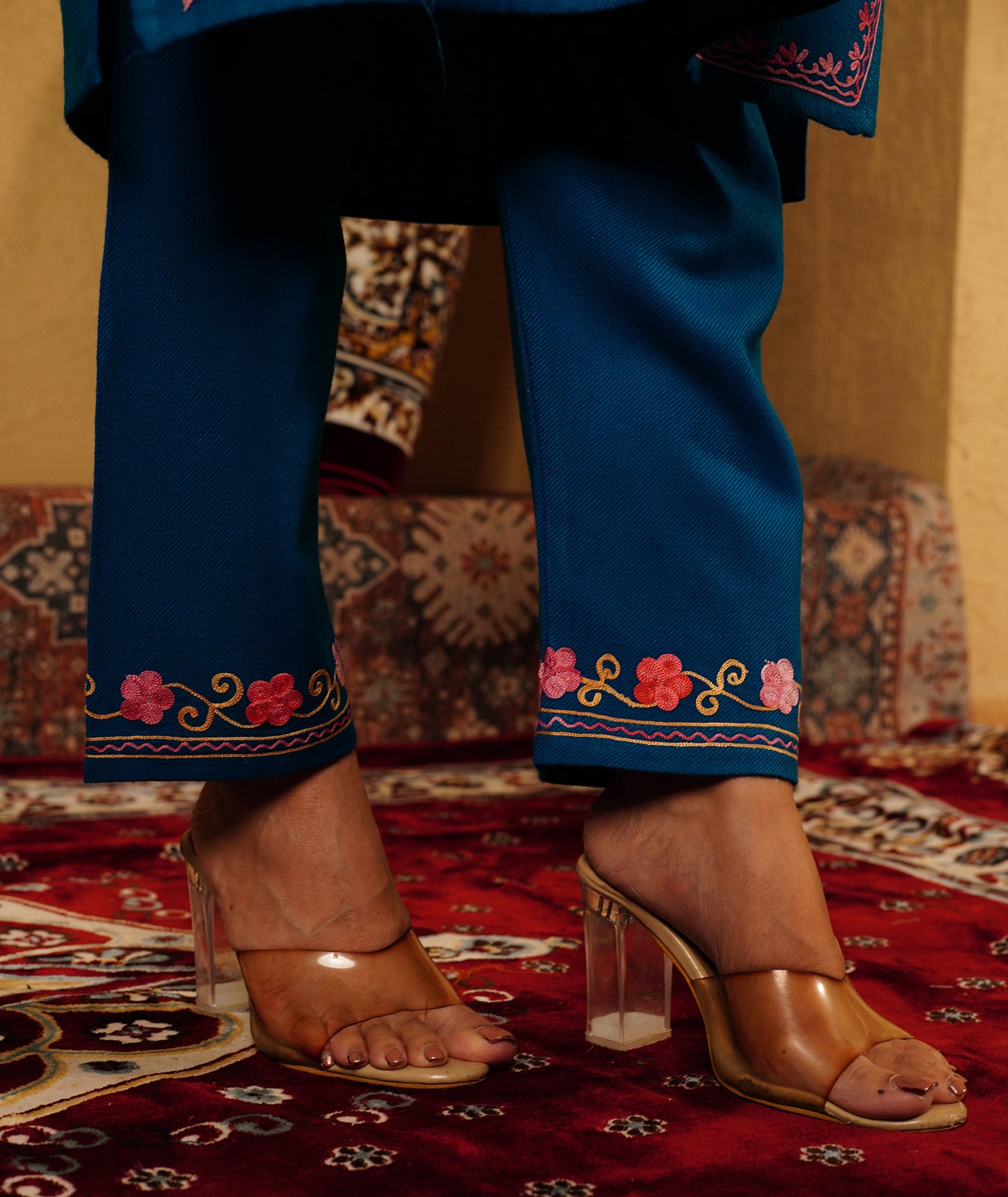 Teal Blue Aari Embroidered Woolen Co-ord Set