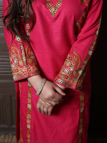 Hot Pink Aari Embroidered Kashmiri Cotton Co-Ord Set
