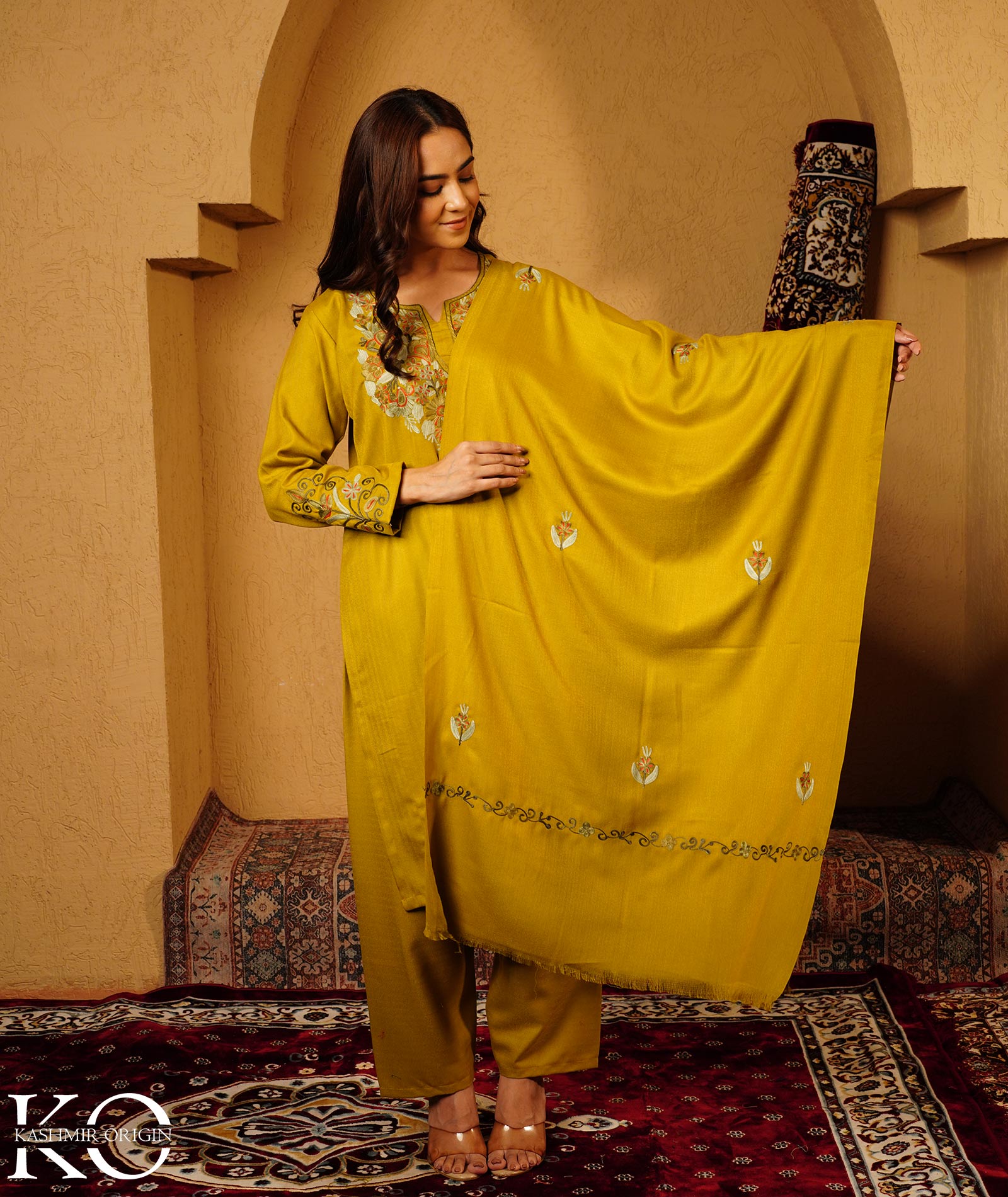 Chartreuse Green Aari Embroidered Woolen Suit With Shawl