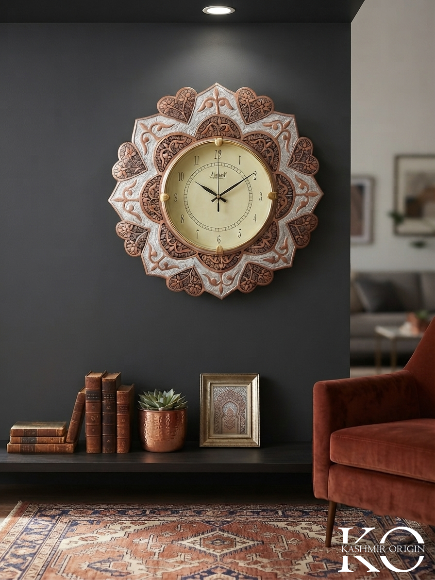 Heart Shaped Kashmiri Copper Wall Clock | Hand Engraved Clock Frame